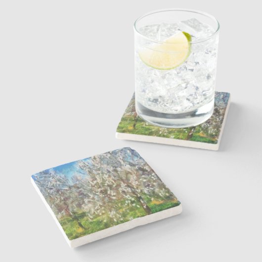 アーモンドブロッサムポインティリズムドットア絵画ートズ ストーンコースター (横)