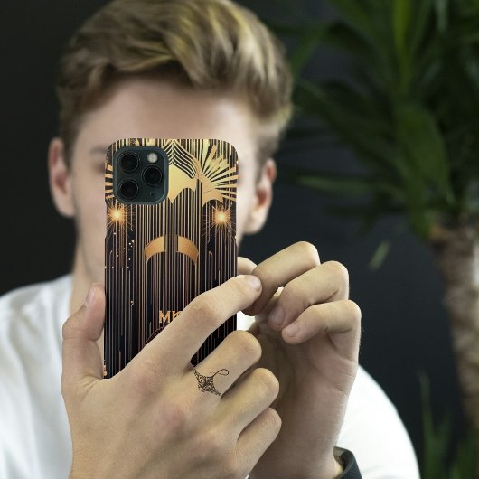アールデコお洒落金ゴールドレインブラックモノグラムまたは名前 Case-Mate iPhoneケース