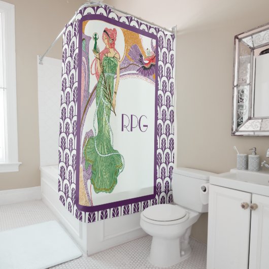 アールデコでモノグラムの緑の女性 シャワーカーテン (インサイチュ)
