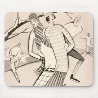 アールデコのアイススケーターの冬の雪のヴィンテージ マウスパッド