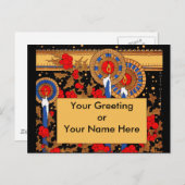 アールデコのキャンドルとホリー シーズンポストカード (正面/裏面)