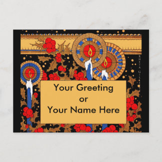 アールデコのキャンドルとホリー シーズンポストカード