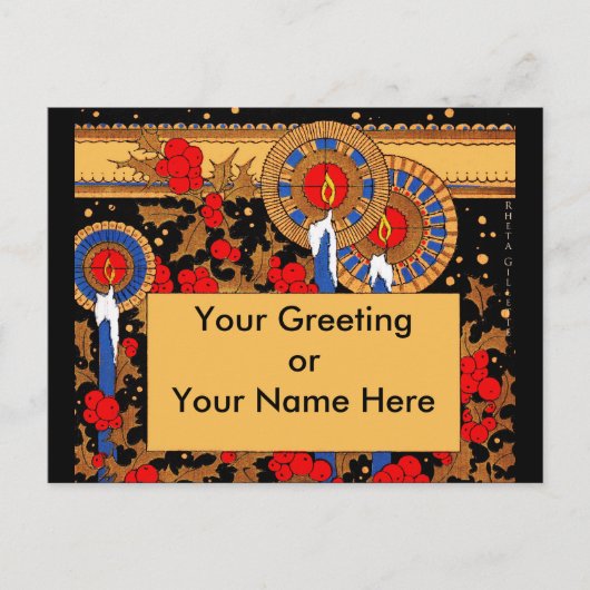 アールデコのキャンドルとホリー シーズンポストカード (正面)