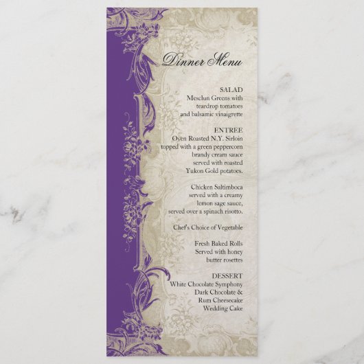 アールデコのスタイルの孔雀紫色nのクリーム色のヴィンテージのレース メニュー (裏面)