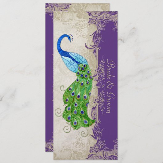 アールデコのスタイルの孔雀紫色nのクリーム色のヴィンテージのレース メニュー (正面/裏面)