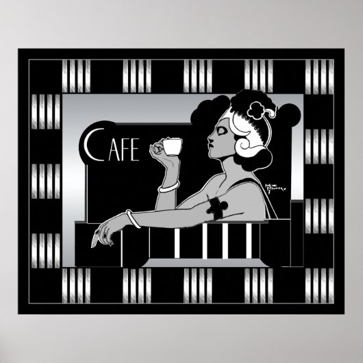アールデコのストライプ 黒のヴィンテージカフェ ポスター (正面)
