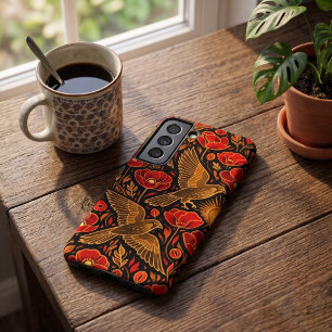 アールデコのチョウゲンボウとポピー 華やかな装飾芸術 SAMSUNG GALAXY S22ケース