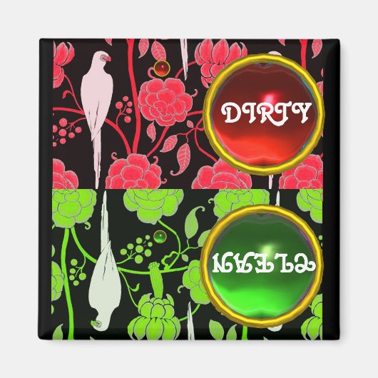 アールデコのパロット、赤い緑の花の汚れたクリーン マグネット (正面)