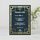 アールデコのミニマリスト平野ブルー金ゴールドギャツビーテーマ 招待状 (スタンド正面)