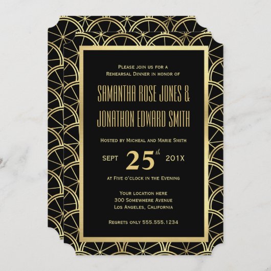 アールデコのリハーサルの夕食の招待状の黒及び金ゴールド 招待状 (正面/裏面)