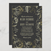 アールデコのヴィンテージの花の黒および金ゴールドの結婚 招待状 (正面/裏面)