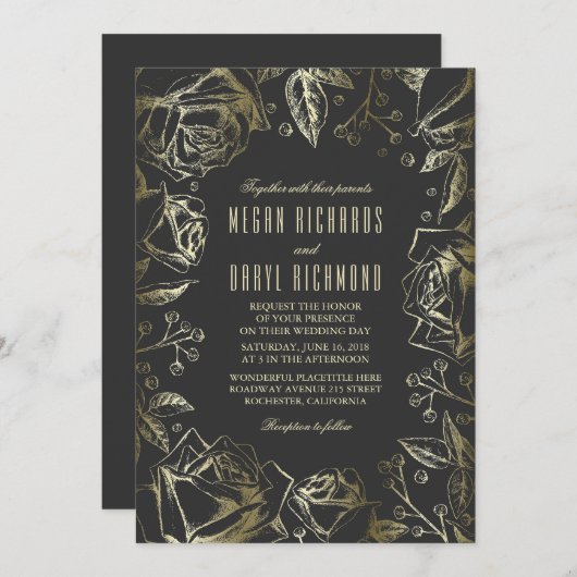 アールデコのヴィンテージの花の黒および金ゴールドの結婚 招待状 (正面/裏面)