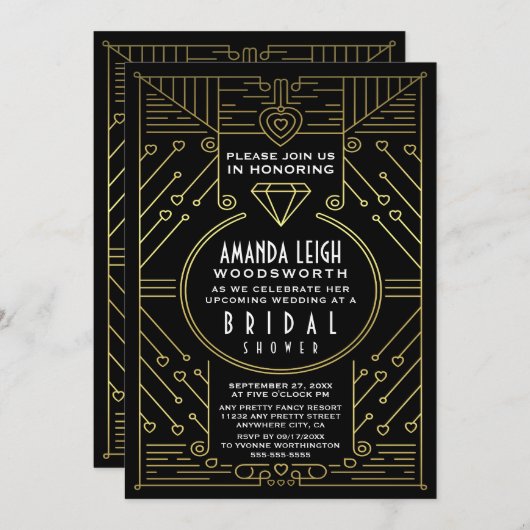 アールデコのヴィンテージの金ゴールドのブライダルシャワー招待状 招待状 (正面/裏面)