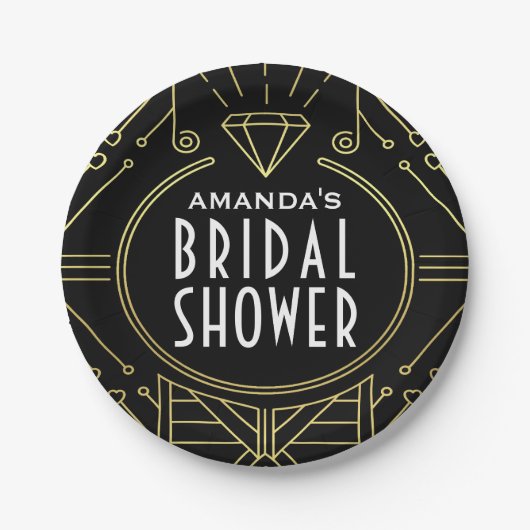 アールデコのヴィンテージの黒の金ゴールドのブライダルシャワーのプレート ペーパープレート (正面)