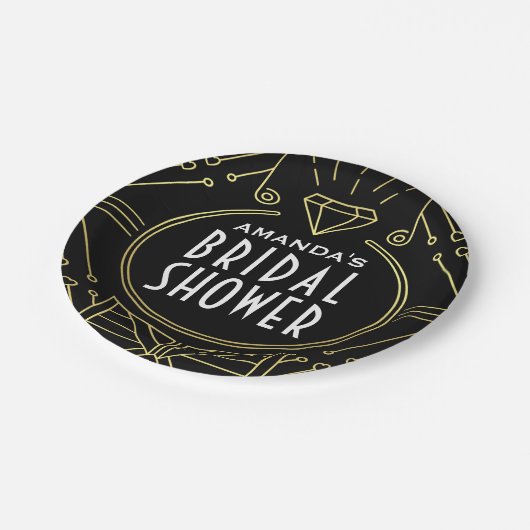 アールデコのヴィンテージの黒の金ゴールドのブライダルシャワーのプレート ペーパープレート (アングル)