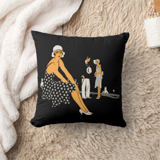 アールデコの女性は水玉模様の黒に蹄鉄を打ちます クッション (ブランケット)