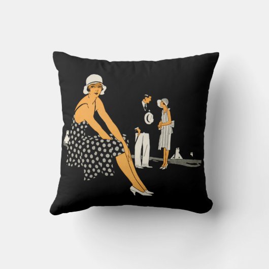 アールデコの女性は水玉模様の黒に蹄鉄を打ちます クッション (裏面)