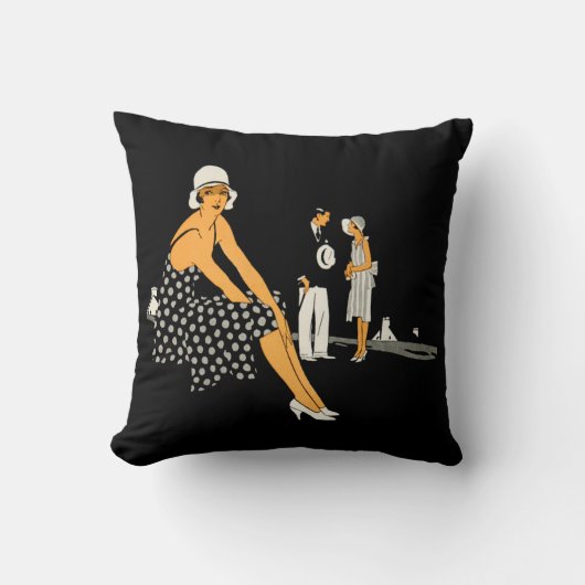 アールデコの女性は水玉模様の黒に蹄鉄を打ちます クッション (正面)