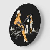アールデコの女性は水玉模様の黒に蹄鉄を打ちます ラージ壁時計 (傾斜)