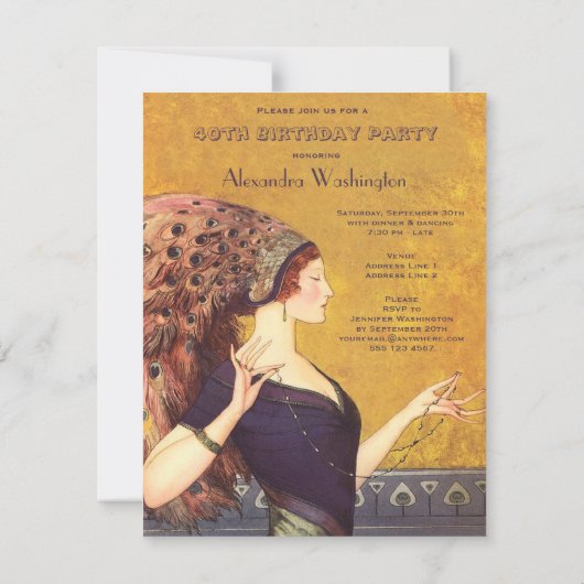 アールデコの孔雀のフラッパーの第40誕生会 招待状 (裏面)