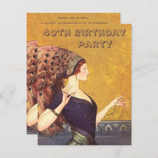 アールデコの孔雀のフラッパーの第40誕生会 招待状 (正面/裏面)