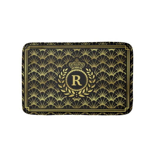 アールデコの帆立貝の金ゴールドの黒の月桂樹のリースの王冠 バスマット (正面)