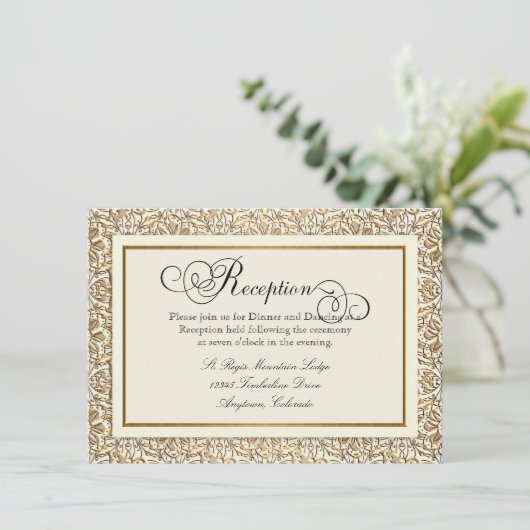 アールデコの新しいのフェイクな金ゴールドの花のダマスク織のレース エンクロージャーカード (スタンド正面)