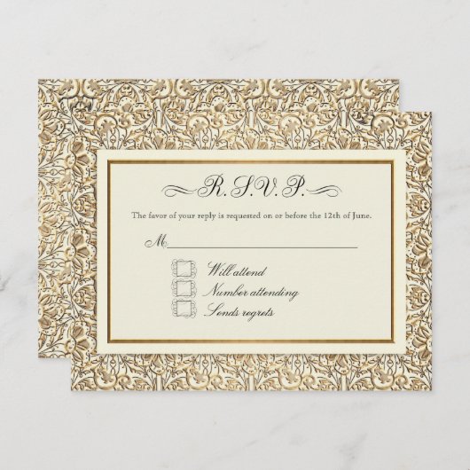 アールデコの新しいのフェイクな金ゴールドの花のダマスク織のレース 出欠カード (正面/裏面)