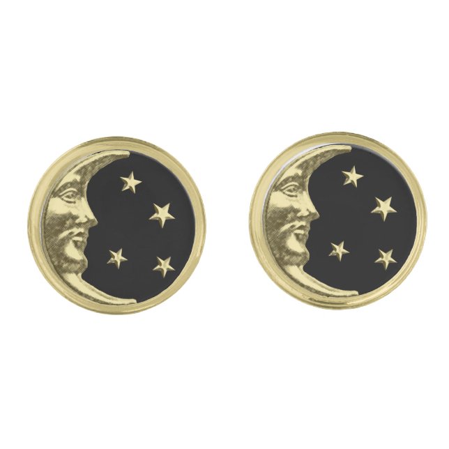 アールデコの月および星-黒および金ゴールド ゴールド カフスボタン (正面)