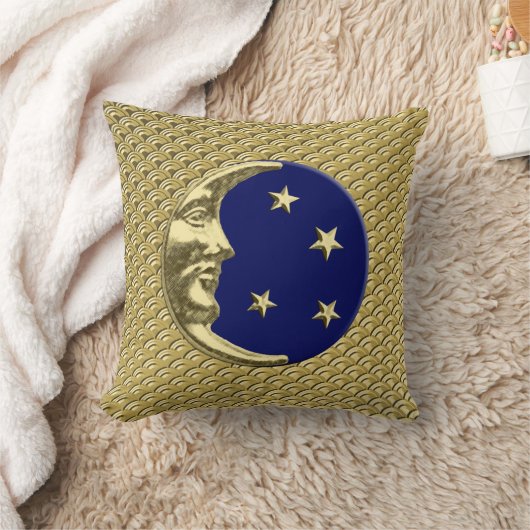 アールデコの月と星 – ネイビーブルーと金ゴールド クッション (ブランケット)
