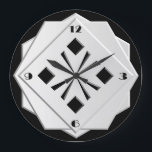 アールデコの白黒の幾何学的パターン ラージ壁時計<br><div class="desc">アールデコ、スタイル化、白黒の幾何学的パターンがスタックされ、切り子面エッジを持つ3dルック形状 – デジタルアート</div>