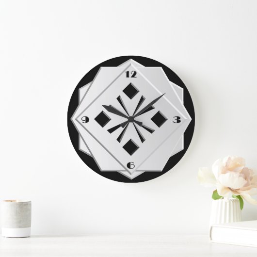 アールデコの白黒の幾何学的パターン ラージ壁時計 (ホーム)