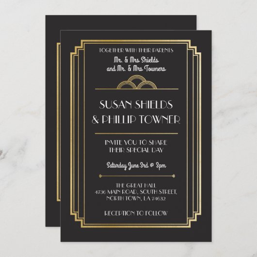アールデコの結婚式招待状の黒及び金ゴールドの20年代 招待状 (正面/裏面)