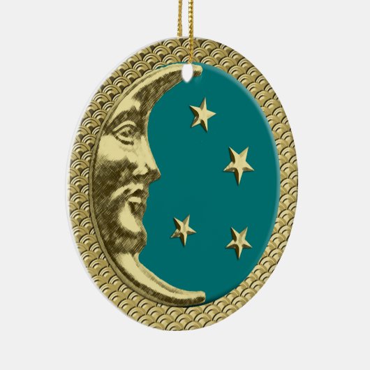 アールデコの背景の月と星のティール（緑がかった色） セラミックオーナメント (右)