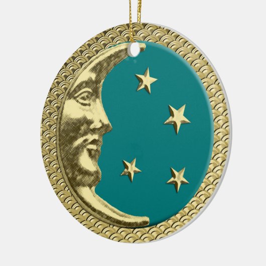 アールデコの背景の月と星のティール（緑がかった色） セラミックオーナメント (左)