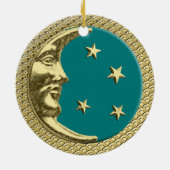 アールデコの背景の月と星のティール（緑がかった色） セラミックオーナメント (裏面)