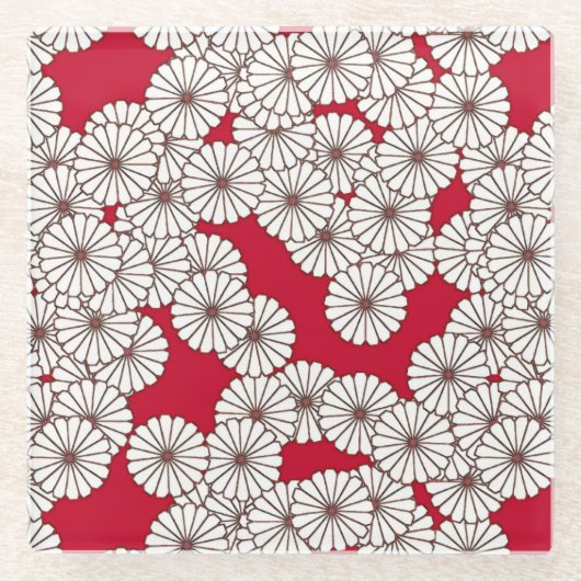 アールデコの花のパターン – 白（赤） ガラスコースター (正面)