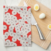 アールデコの花のパターン – 白(赤) キッチンタオル (四つ折り)