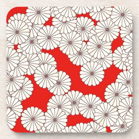 アールデコの花のパターン – 白（赤） コースター (正面)