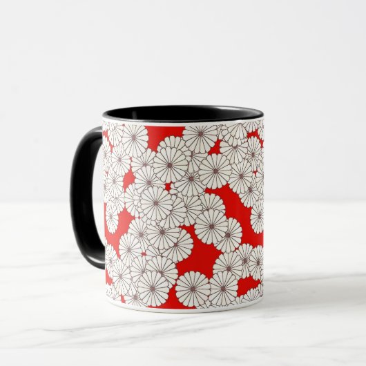 アールデコの花のパターン – 白（赤） マグカップ (正面左)