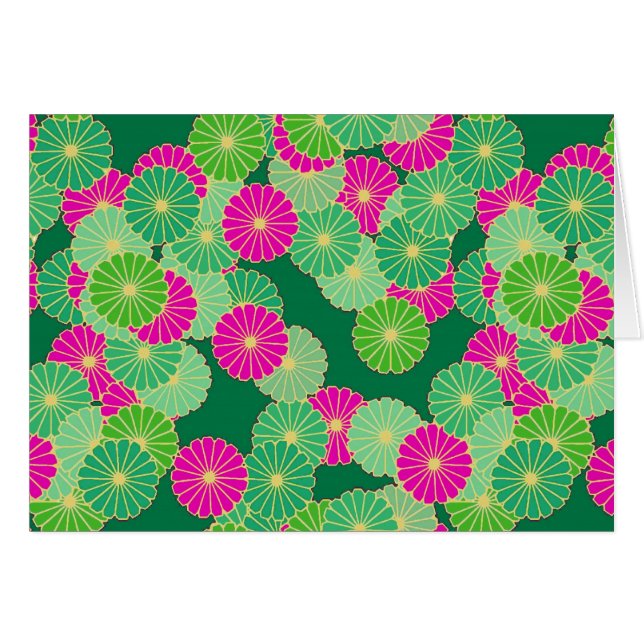アールデコの花のパターン – 緑の色合い、明るい赤紫色 (正面横)