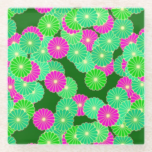 アールデコの花のパターン – 緑の色合い、明るい赤紫色 ガラスコースター (正面)