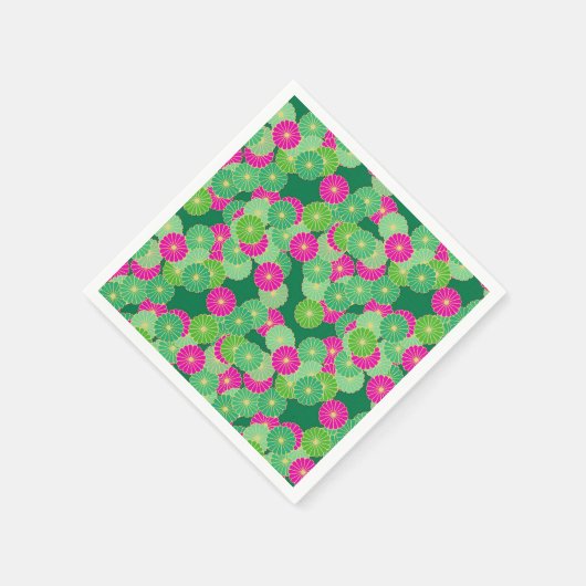 アールデコの花のパターン – 緑の色合い、明るい赤紫色 スタンダードカクテルナプキン (角)