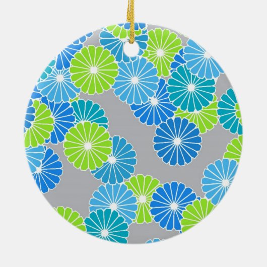 アールデコの花のパターン – 青とライムグリーン セラミックオーナメント (裏面)