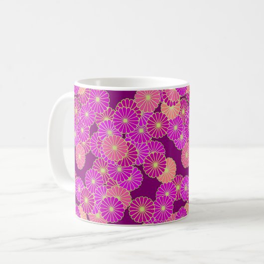 アールデコの花柄 - スミレ色と珊瑚色 コーヒーマグカップ (正面左)