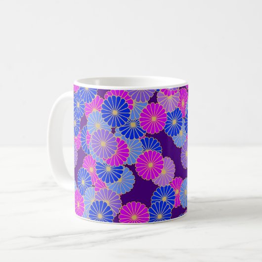 アールデコの花柄 - スミレ色、青、紫 コーヒーマグカップ (正面左)