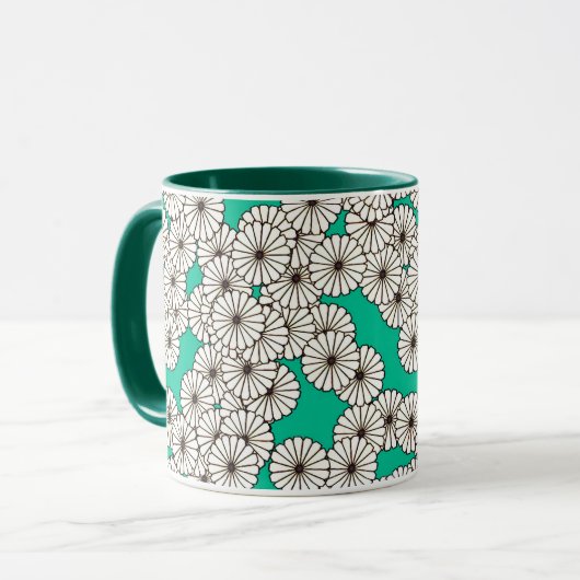 アールデコの花柄 - ターコイズの白 マグカップ (正面左)