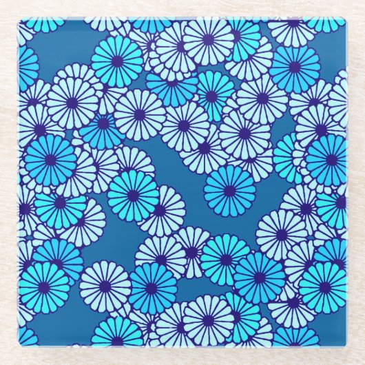アールデコの花柄 - ブルーのグラデーション ガラスコースター (正面)