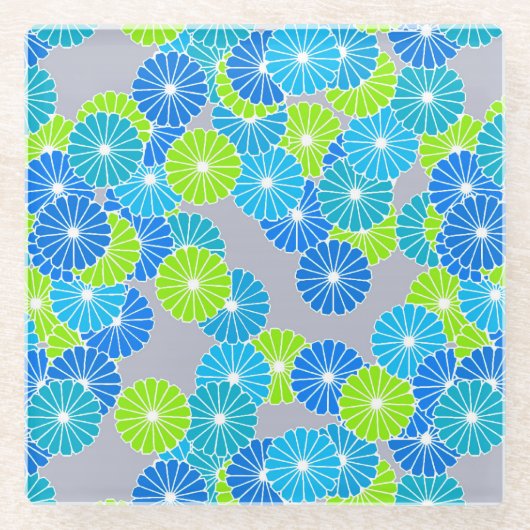 アールデコの花柄 - 青とライムグリーン ガラスコースター (正面)
