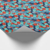 アールデコの花柄 – 青、ターコイズ、赤 ラッピングペーパー (角)